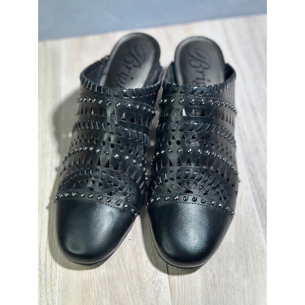 Brighton Black Leather Studded Cutout Mule Heels Size 6.5 M